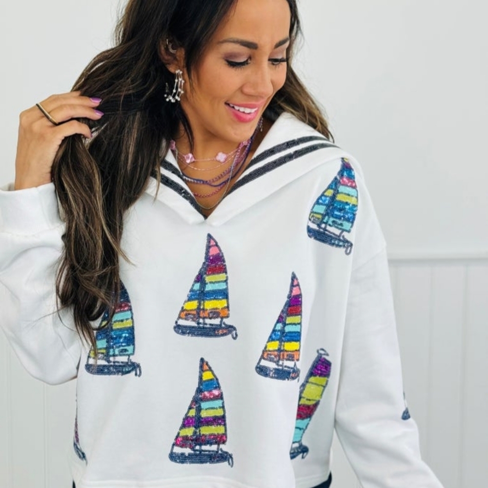 Queen Of Sparkes Sailor Collar Sailboat Sweatshirt